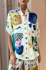 Ingvn - Casual Print Patchwork Turndown Collar Tops