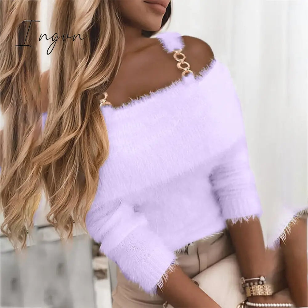 Ingvn - Elegant Off Shoulder Knitted Sweater Women Winter Slim Oversized Sweaters Pullovers Autumn Solid Color Jumper Pull Femme