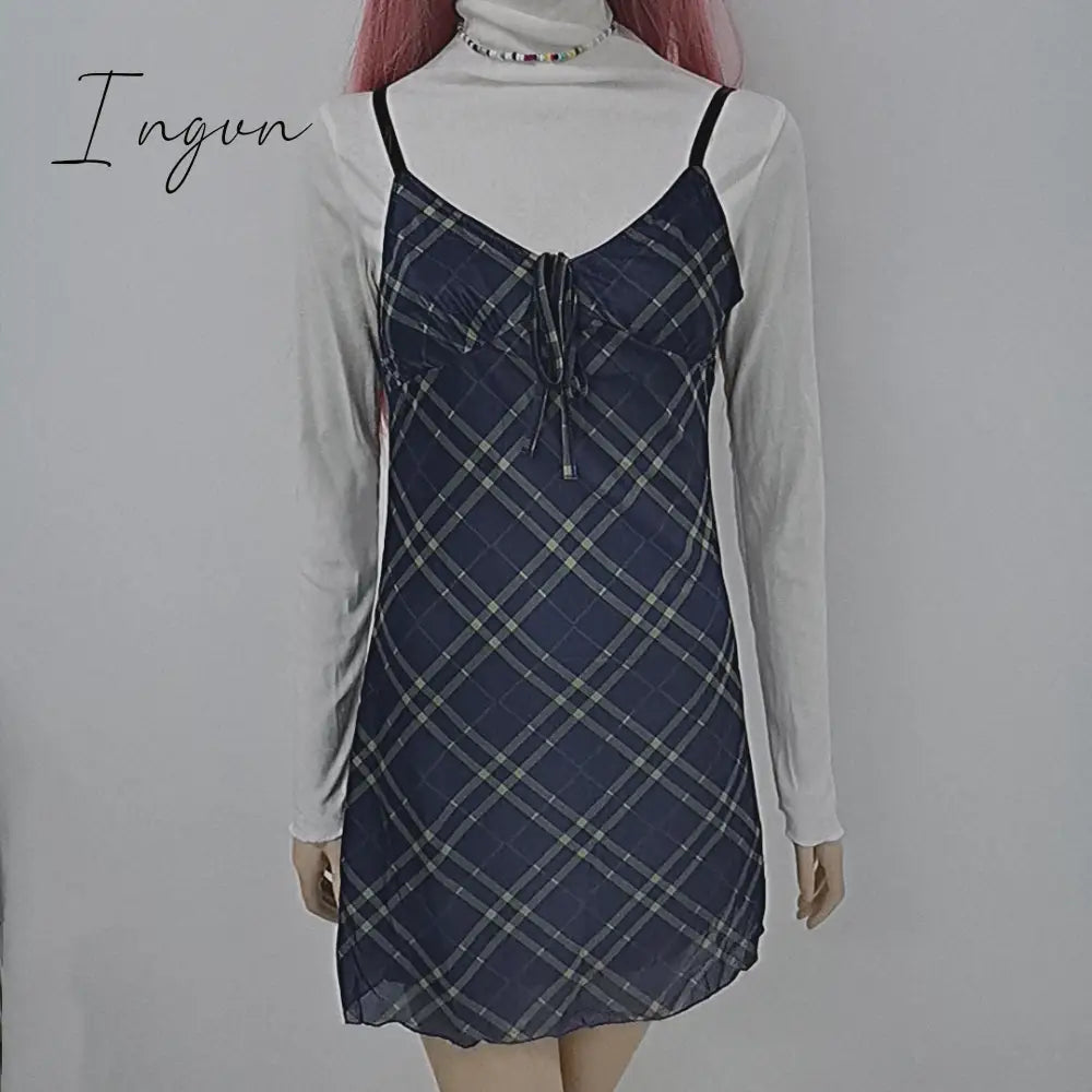 Ingvn - E-Girl 90s Spaghetti Strap Bandage Front Ruffles Plaid Dresses Vintage Mesh V-neck Backless A-line Mini Dress Partywear