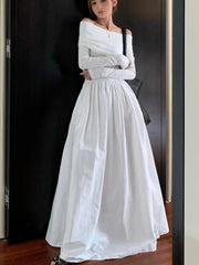 Y2k Fashion Evening Party Maxi White Dress Women Korean Off Shoulder Long Sleeve Birthday Robe Autumn Streetwear Corset Clothes