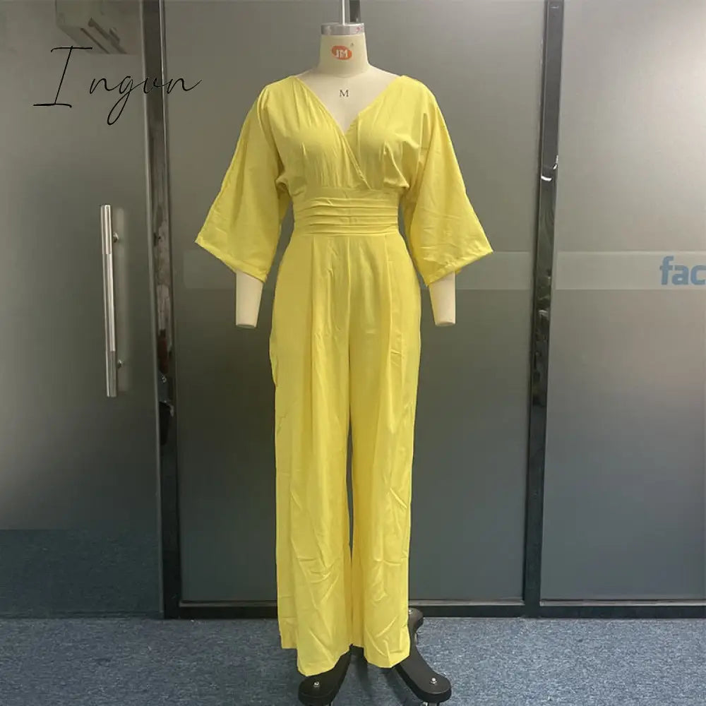 Ingvn - Women Jumpsuit Summer Short Bat Sleeve V Neck Backless Nipped Waist Loose Wide Legs Casual Pants Romper High Streetwear