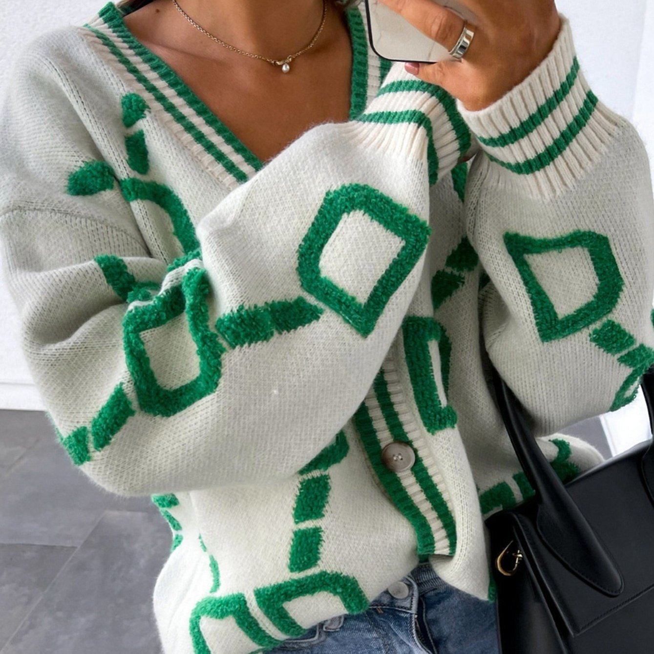 High Contrast Knit Cardigan, V-Neck Button Up Cardigan Sweater, Casual Tops For Fall & Winter, Women's Clothing