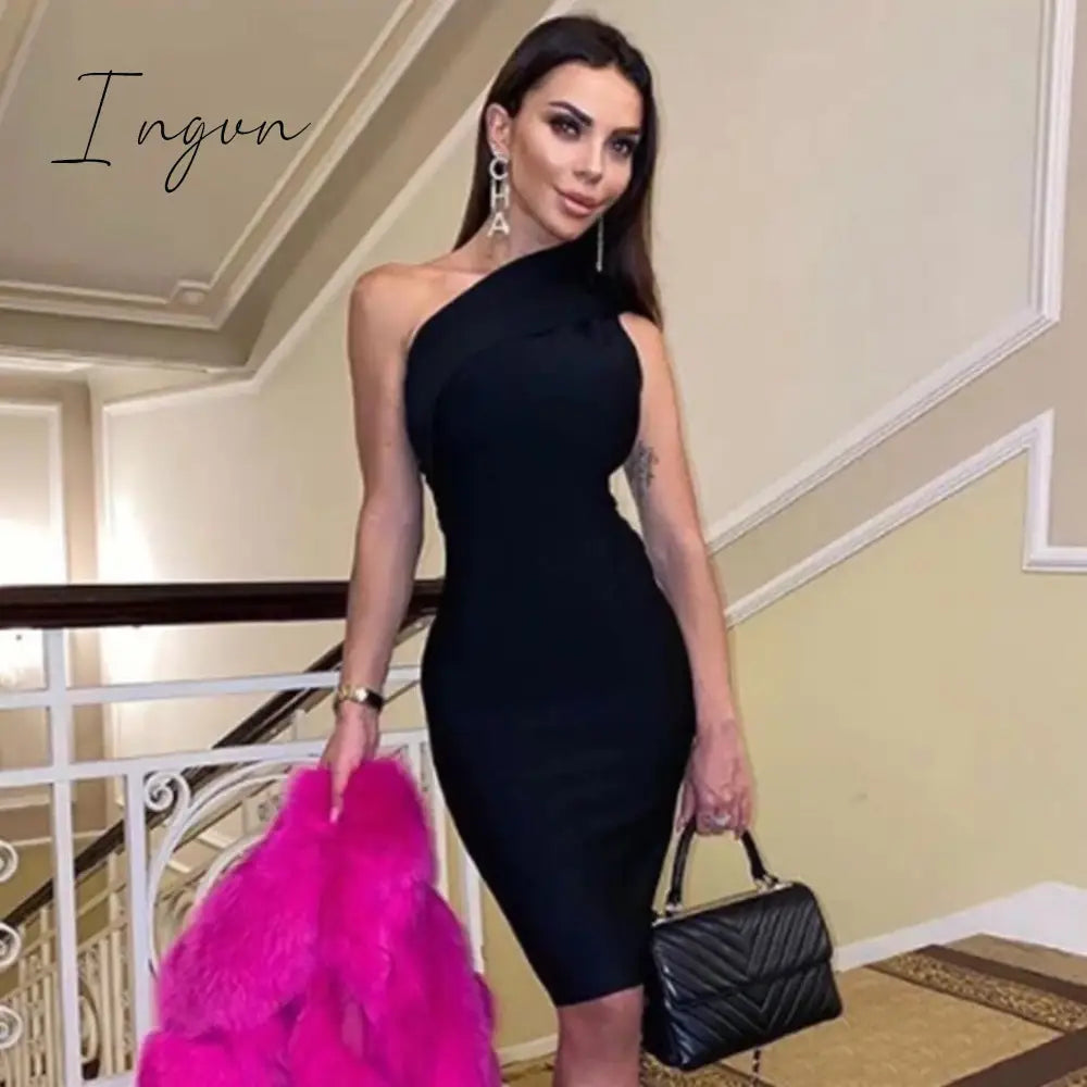 Ingvn - New Summer Black One Shoulder Bandage Dress Women Sexy Sleeveless Bodycon Club Celebrity Evening Party Dress Vestidos