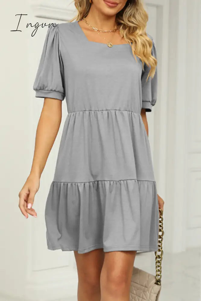 Ingvn - Casual Solid Fold Square Collar A Line Dresses