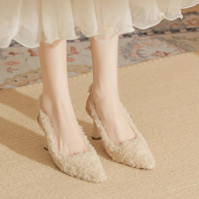 Black Fur Slingback Pumps Sandals Women Fashion Pointed Toe Shallow Slip-on Plush Pumps Ladies Elegant Evening Party Heel Shoes
