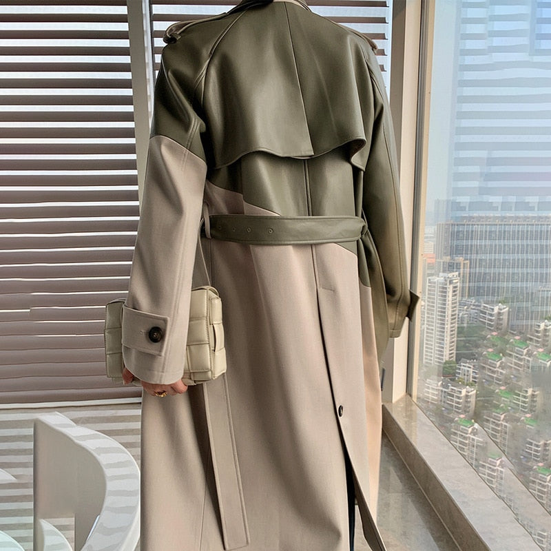 Women's Coat Spring Autumn Windbreaker Jacket Female Green Trench Quality Clothing Leather Stitching Windproof Long Ladies Cloak