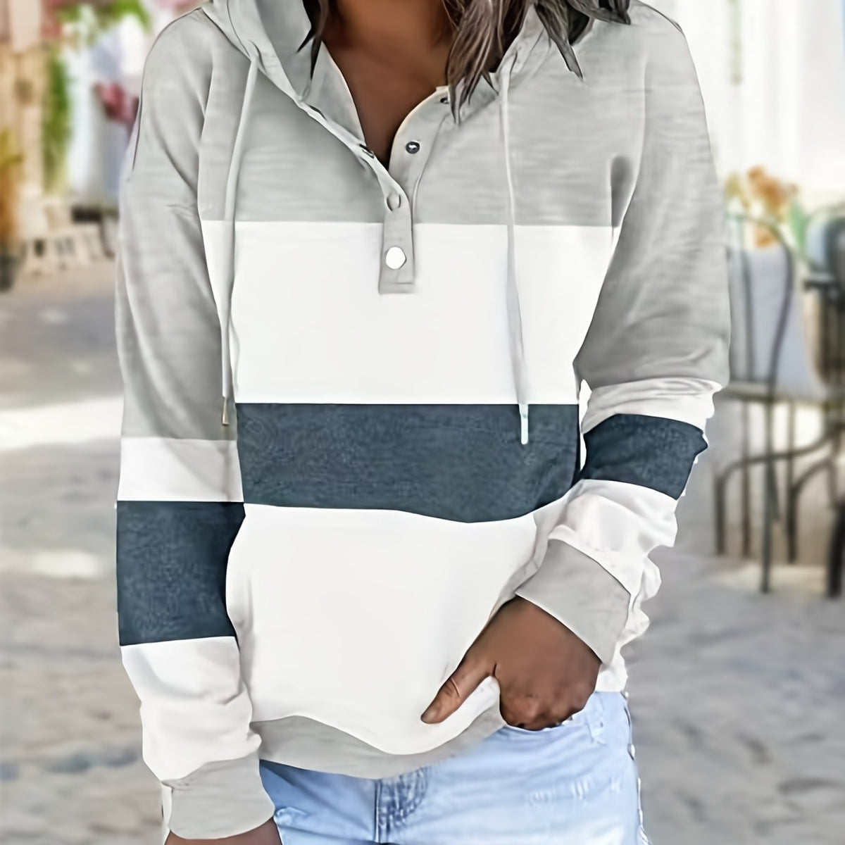 Long Sleeve Striped Drop Shoulder Hoodie - Soft Micro Elastic Polyester Fabric, Button Details, Machine Washable, Casual Style for Fall/Winter - Womens Clothing