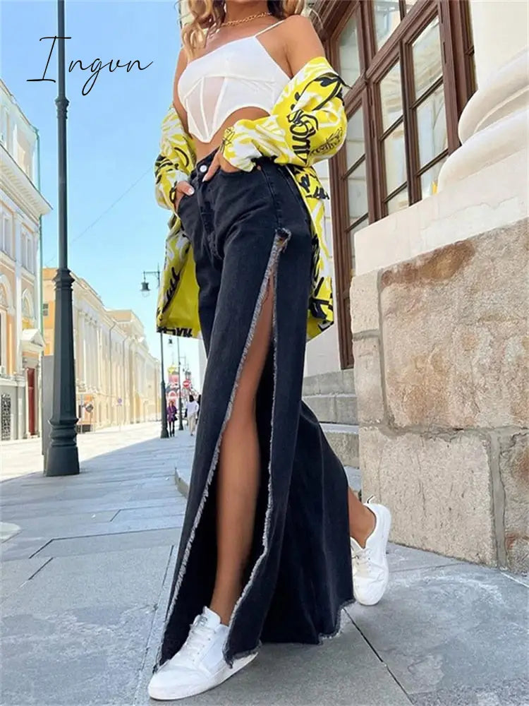 Ingvn - High Waisted Side Split Out Jeans Women Casual Loose Cargo Black Pants Streetwear Summer Wide Leg Long Baggy Y2k Jeans