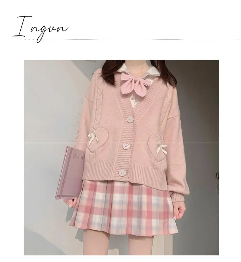 Ingvn - Spring Japan Kawaii Fashion Pink Cardigan Women Vintage Crop Knitted Sweater Cute Bow Heart Korean JK School Coat