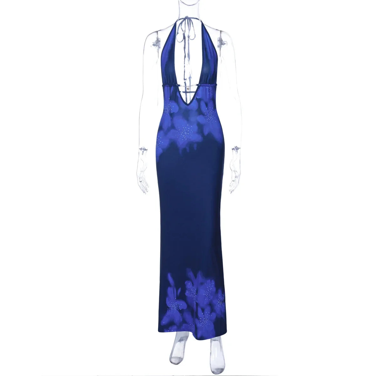 Floral Print Backless Sexy Maxi Dress for Women Fashion Deep V Neck Sleeveless Bodycon Back Slit Evening Long Dress