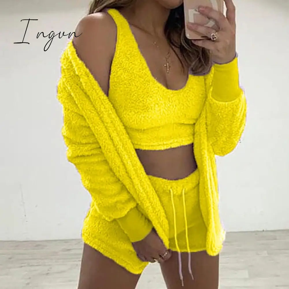 Ingvn - Three Piece Sexy Fluffy Outfits Plush Velvet Hooded Cardigan Coat+Shorts+Crop Top Women Tracksuit Sets Casual Sports Sweatshirt