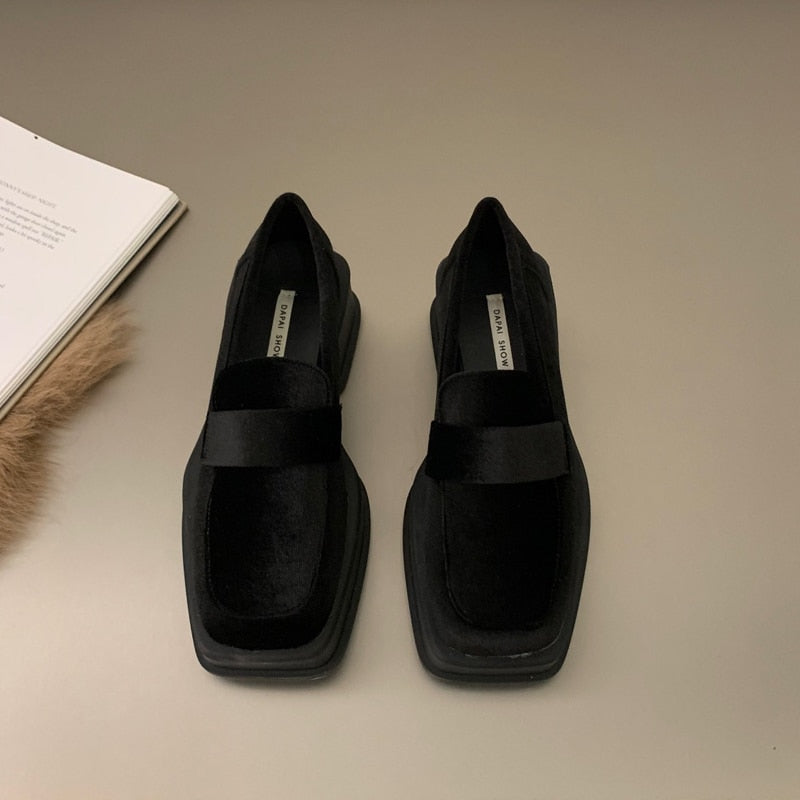 Women Luxury Velvet Loafers Fashion Square Toe Platform Moccasins Ladies Brand Design Evening Party Heel Shoes