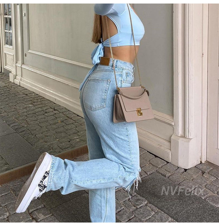 Voguable  Womens Loose Fit Jeans  Ripped Wide Leg For Women High Waist Blue Wash Casual Cotton Denim Trousers Summer Baggy Jean Pants