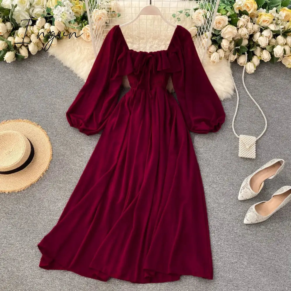 Ingvn - Woherb Chic Elegant Square Collar Maxi Dress Women Solid Chiffon Puff Sleeve Dresses Korean Fashion Vintage Ruffle Vestidos