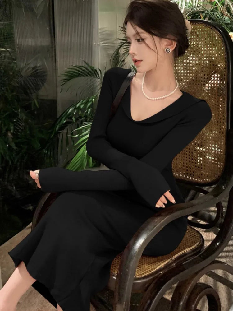 Elegant Solid Knitted Womens Dresses Vintage V-Neck Long Sleeves Evening Party Midi Dress Autumn Female One Piece Vestidos New
