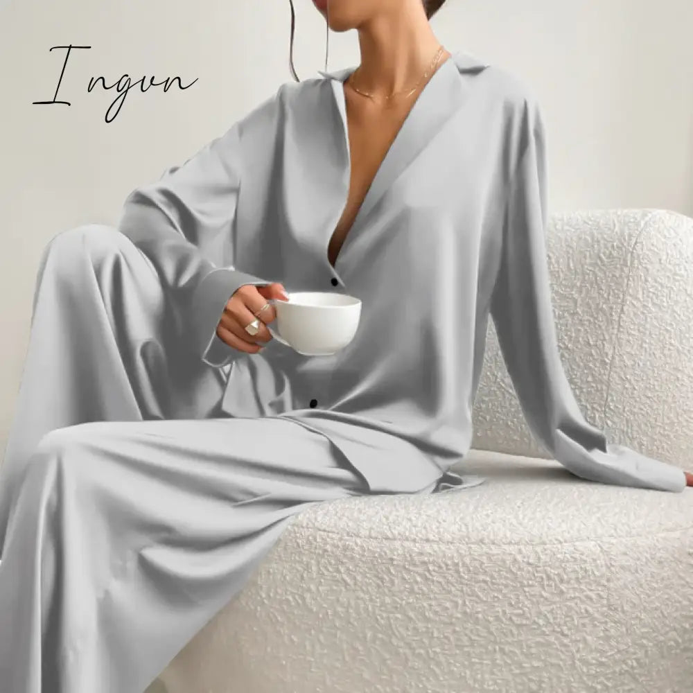 Ingvn - Oversized Satin Silk Sleepwear Low Cut Sexy Pajamas For Women Single-Breasted Long Sleeves Wide Leg Pants Trouser Suits