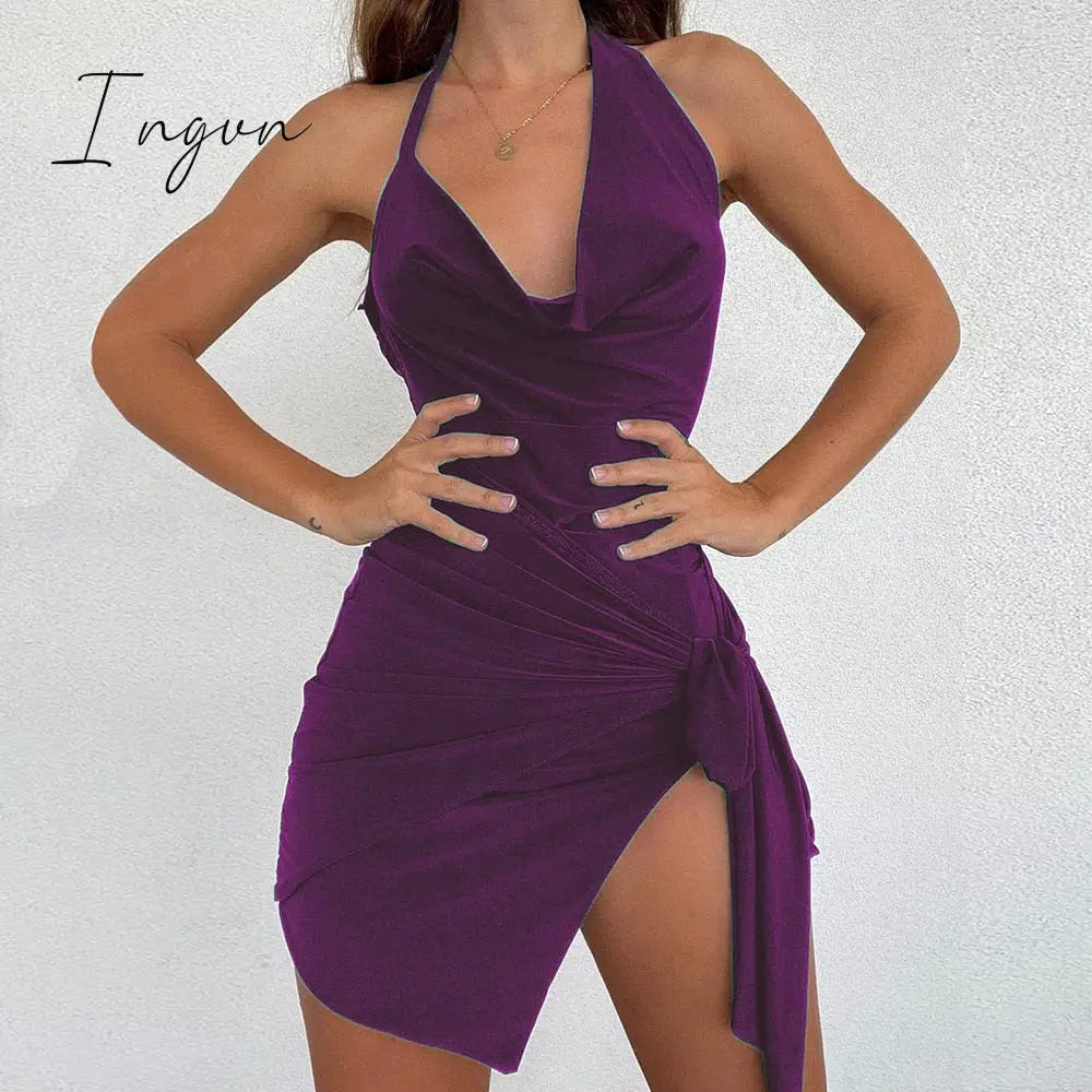 Ingvn - 2023 Summer New Women's Wear Halter Neck Hollow Strappy Slit Sexy Fashion Dress Sexy Backless Irregular Strappy Evening Dress