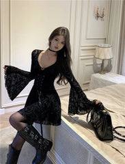 Vintage Black Gothic Velvet Short Dresses for Women Autumn New Y2K Lace Long Sleeve A-line Birthday Party Lace-up Female Clothes
