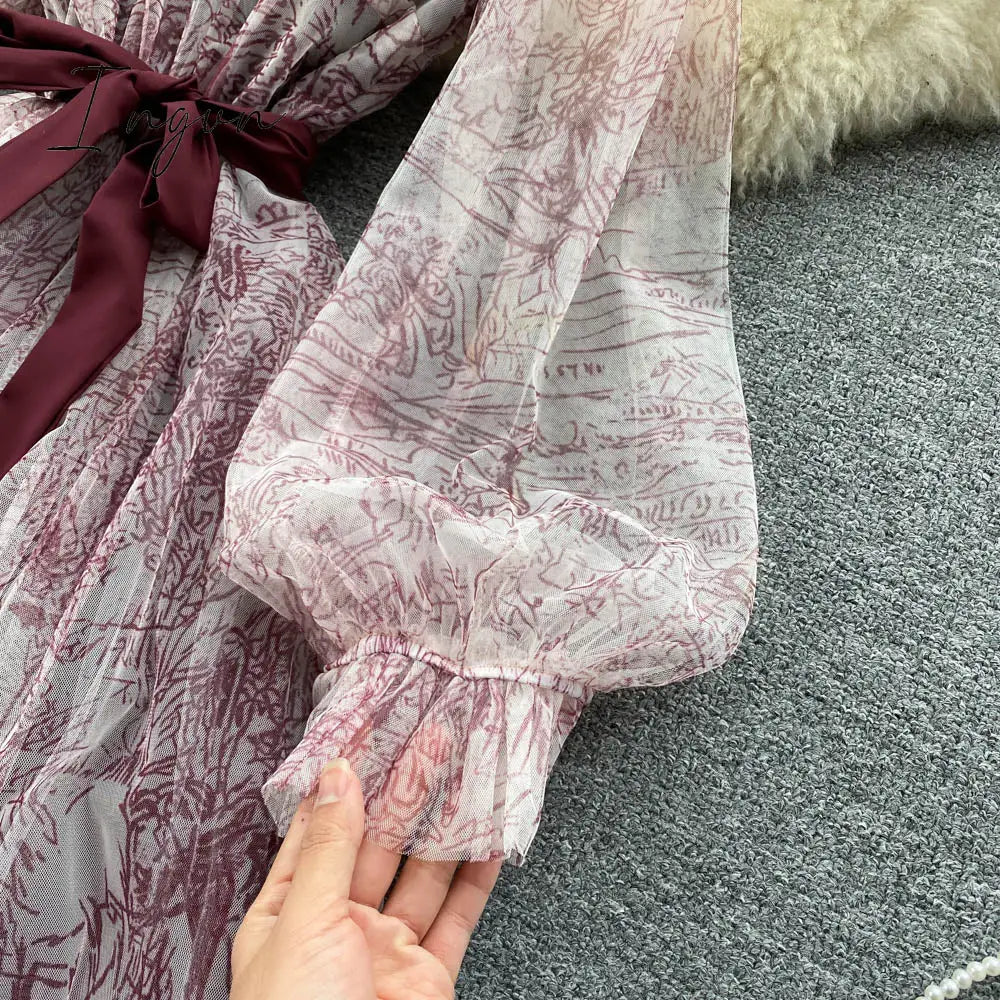 Ingvn - Elegant Women Mesh Dress Vintage Lantern Sleeves Printed Party Dresses Spring Summer Patchwork A Line Bandage Beach Dress