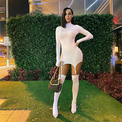 Ingvn - Womens Fashion Casual White Crew Neck Dress Crochet Long Sleeve Bodycon Sexy  Chic And Elegant Woman Dress Corset Party Nightclub Clothing