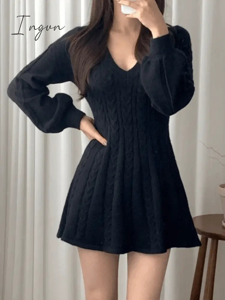 Ingvn - V Neck Cable Knit Long Sleeve Mini Dress