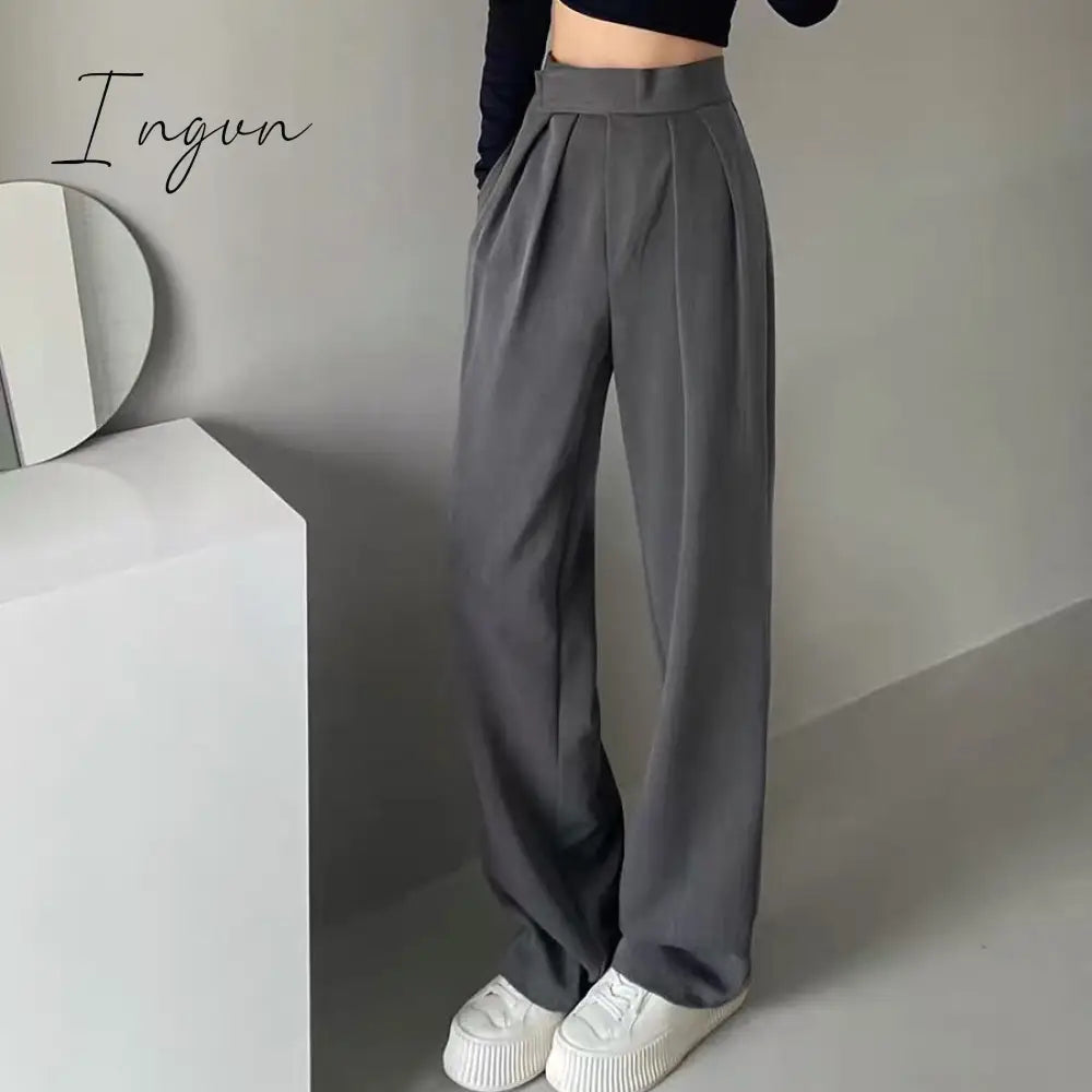 Ingvn - Brown Wide Leg Women's Classic Suit Pants Vintage Palazzo Office Elegant Casual Balck Trousers Female High Wasit Pants