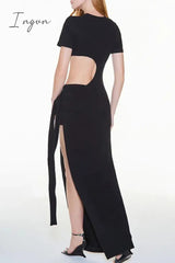 Ingvn - Sexy Solid High Opening Asymmetrical O Neck Irregular Dress Short Sleeve Dress