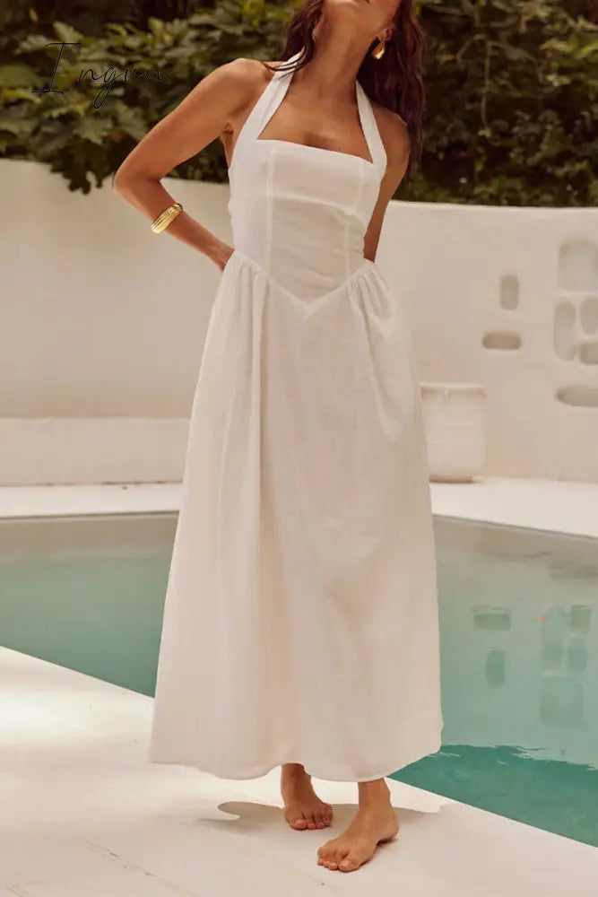 Ingvn - Sexy Solid Pocket Fold Halter Sleeveless Dresses