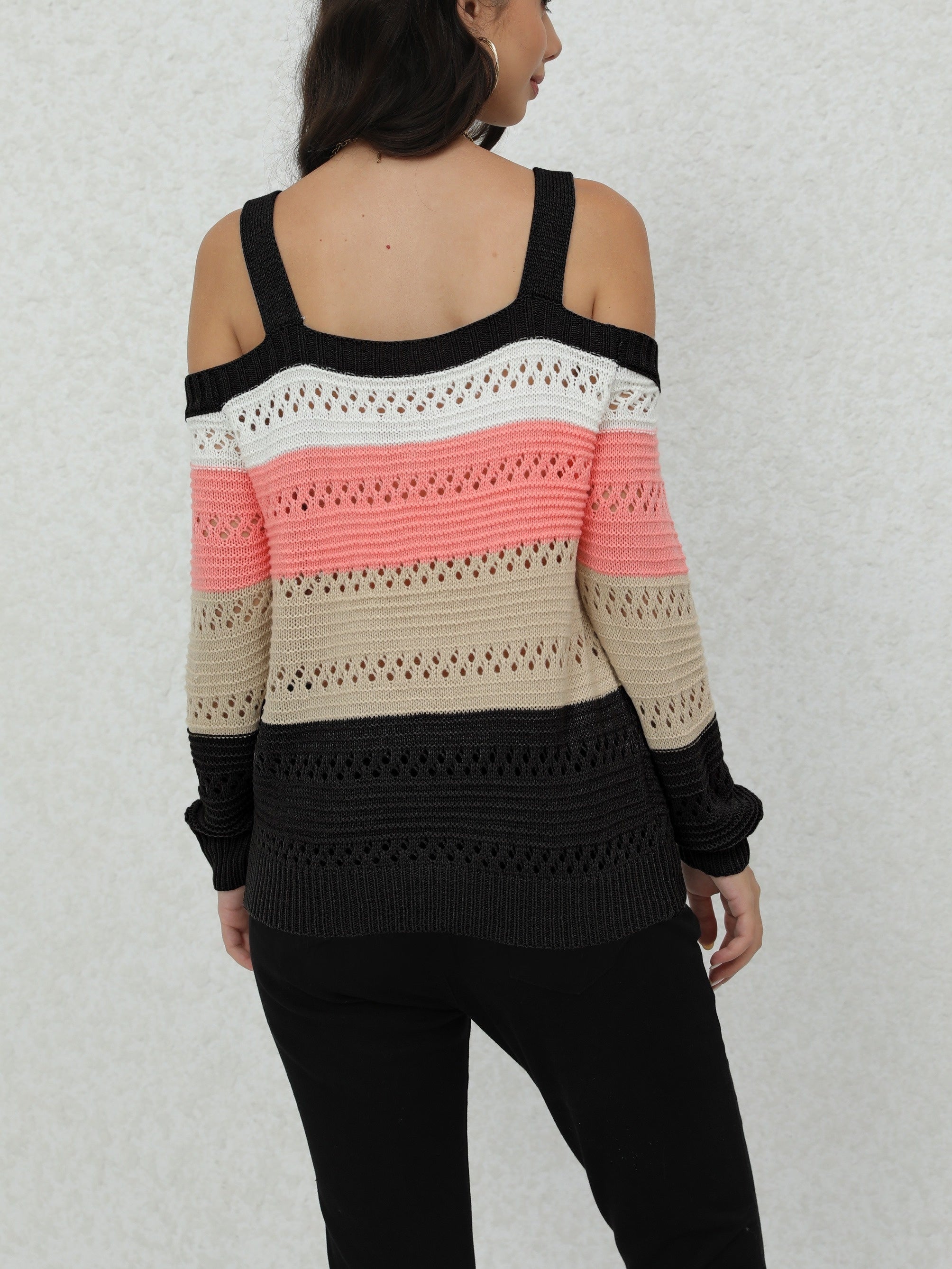 Chic Striped Long Sleeve Cold Shoulder Sweater - Soft, Cozy, Relaxed Fit Pullover for Women - Casual, Versatile, and Comfortable Winter Clothing