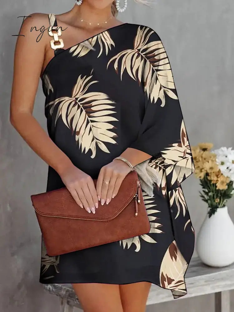 Ingvn - Sexy One-Shoulder Long Sleeve Party Dress Spring Vintage Halter Loose Irregular Dress Elegant Women Print Ruffle Dresses Vestido