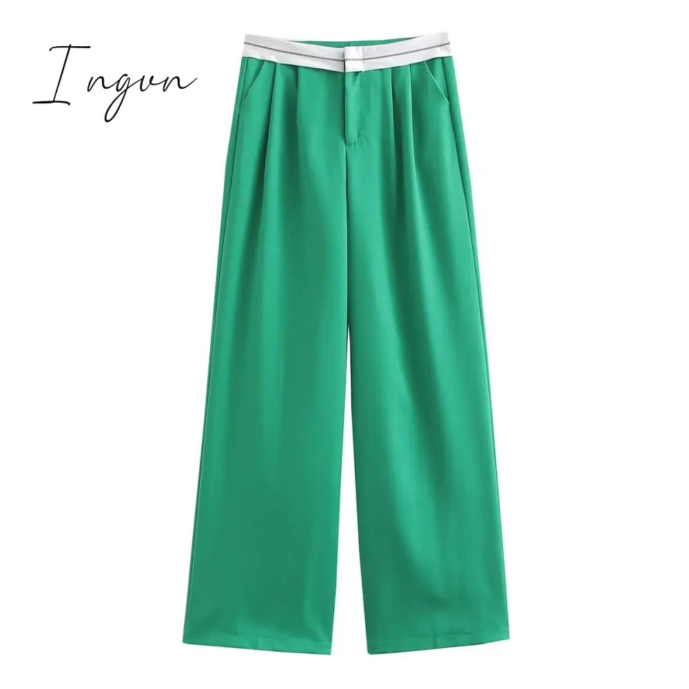 Ingvn - 2023 Women Fashion Side Pockets Patchwork Straight Pants Vintage High Waist Zipper Fly Female Casual Trousers Mujer