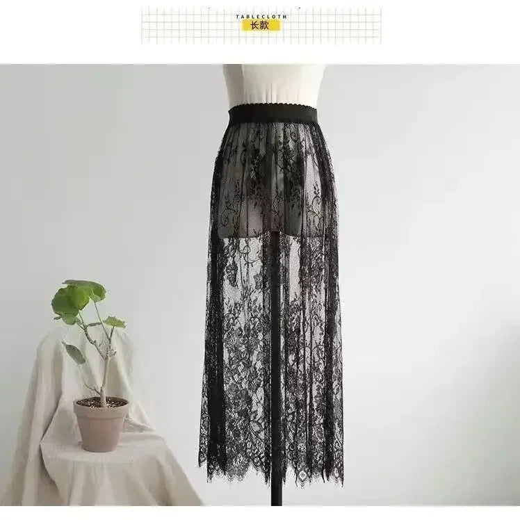 2 Length Elegant Black Skirt White Lace Transparent Long Tulle Skirt Ladies Elastic High Waist Beach Midi Skirt