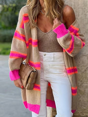 Stylish Striped Long Cardigan Sweater - Women's Fashion Cardigans - Soft Polyester Open Front Shawl with Color Block Design, No Collar, and Chic Winter Style - Perfect for Casual Daily Wear