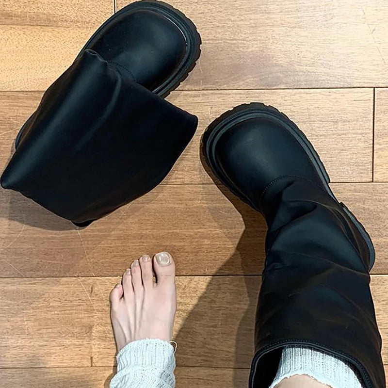 Ingvn  Winter Punk Style Women Knee High Boots Fashion Slip On Knight Long Booties Ladies Platform Thick Heels Botas Mujer