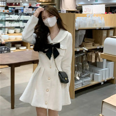 Ingvn - Fall Fashion Sweet Kawaii Lolita White Dress Women Japanese Soft Peter Pan Collar Cute Short Dresses Elegant Autumn Bow