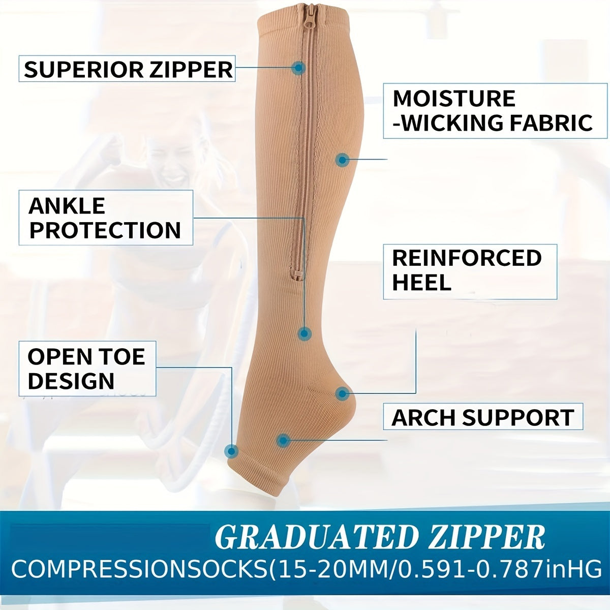 2 Pairs Compression Socks For Running, And Athletics - Open Toe, Zipper Closure, Thermal