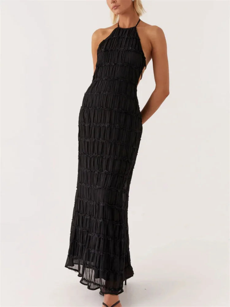 Spring Fashion Patchwork Long Dress For Women Lace-Up Backless High Waist Solid Holiday Beach Dress Ladies Maxi Dress