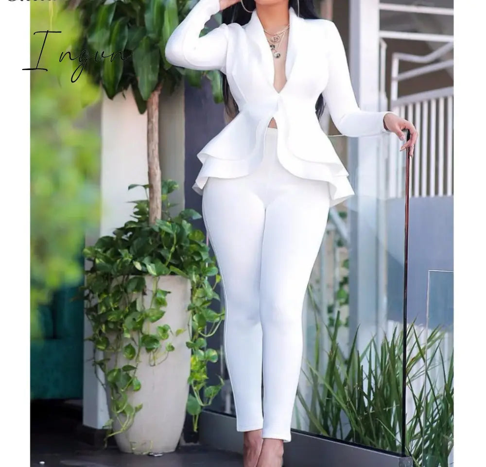 Ingvn - high quality Sexy Business Suits For Women Solid Black White Office Ladies 2 Piece Sets Scallop Design Elegant Women Suit Coat & Pants Set