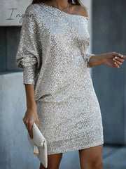 Ingvn - Women‘s Party Dress Sequin Dress Holiday Dress Shift Dress Short Mini Dress White Black Gold Long Sleeve Pure Color Sequins Fall Spring One Shoulder Stylish Hot Party Loose 2023 S M L XL