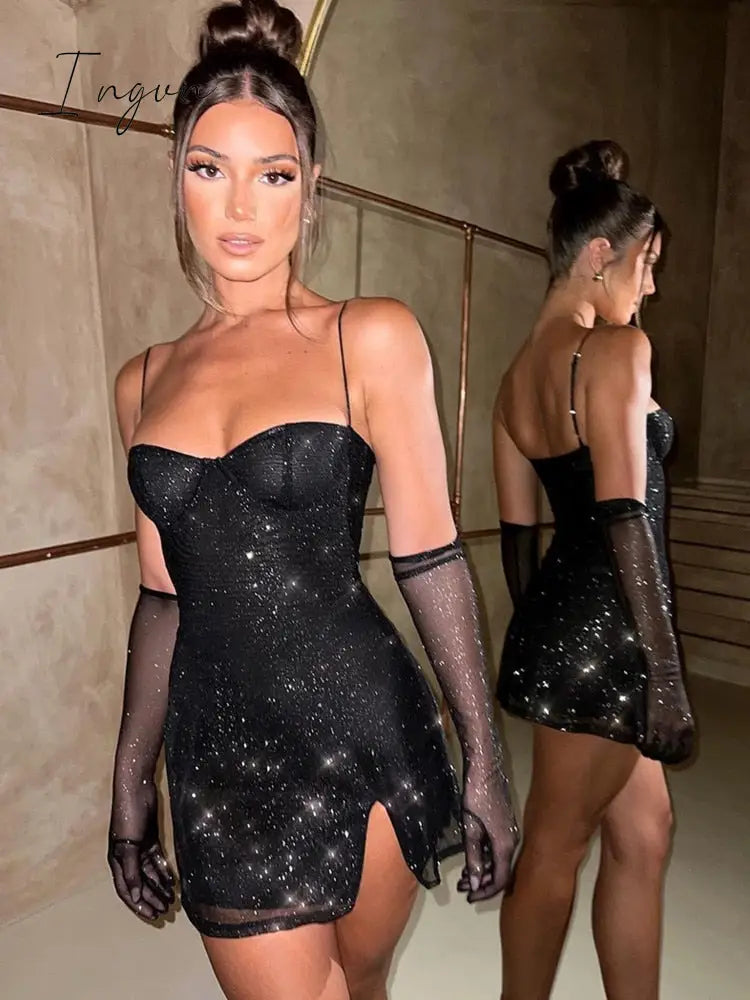 Ingvn - Sparkle Sexy Maxi Dress Women New Spaghetti Strap With Sleeve Backless Sleeveless Glitter Club Party Sexy Long Dress