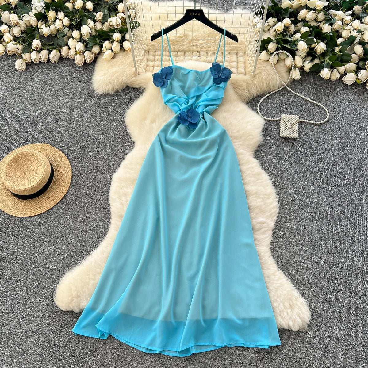 Vintage sexy Three-dimensional floral backless sleeveless Long dress Chic Summer Vestidos Vacation  women clothing