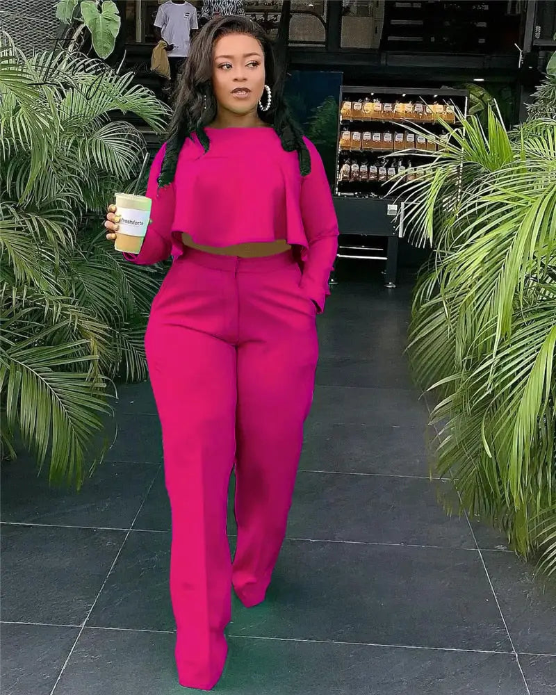Ingvn - 2023 Elegant Work Wear Two Piece Set Fall Clothes for Women Ruffles Crop Top and Wide Leg Pants Suits Matching Sets Sexy Club Outfits