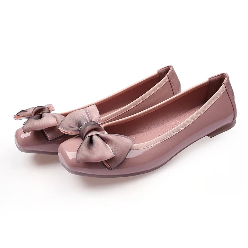 Fashion Square Toe Women Flats Shoes Bow Women Shoes Patent Leather Casual Single Spring Ballerina Shallow Mouth Loafers Shoes