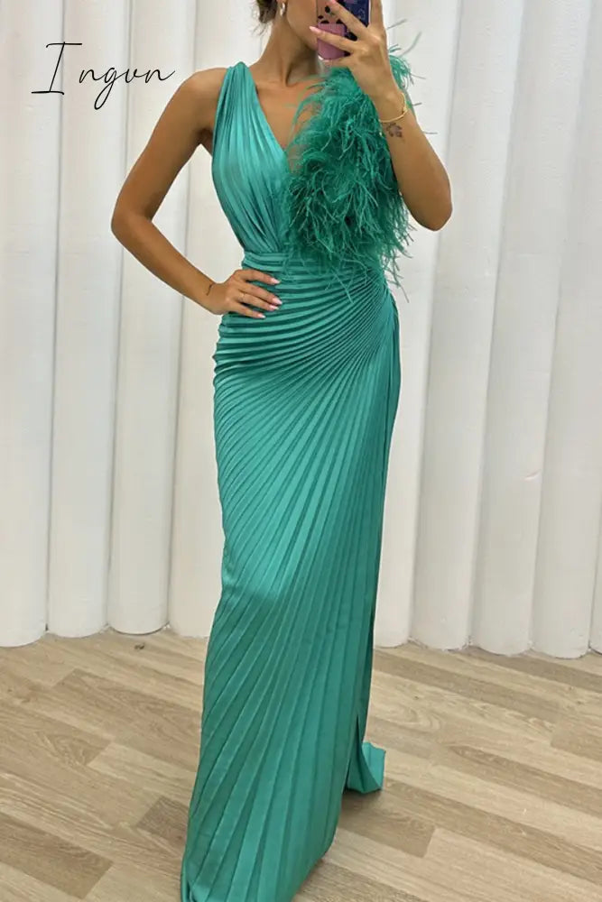 Ingvn - Sexy Solid Patchwork Pleated V Neck Long Dress Dresses