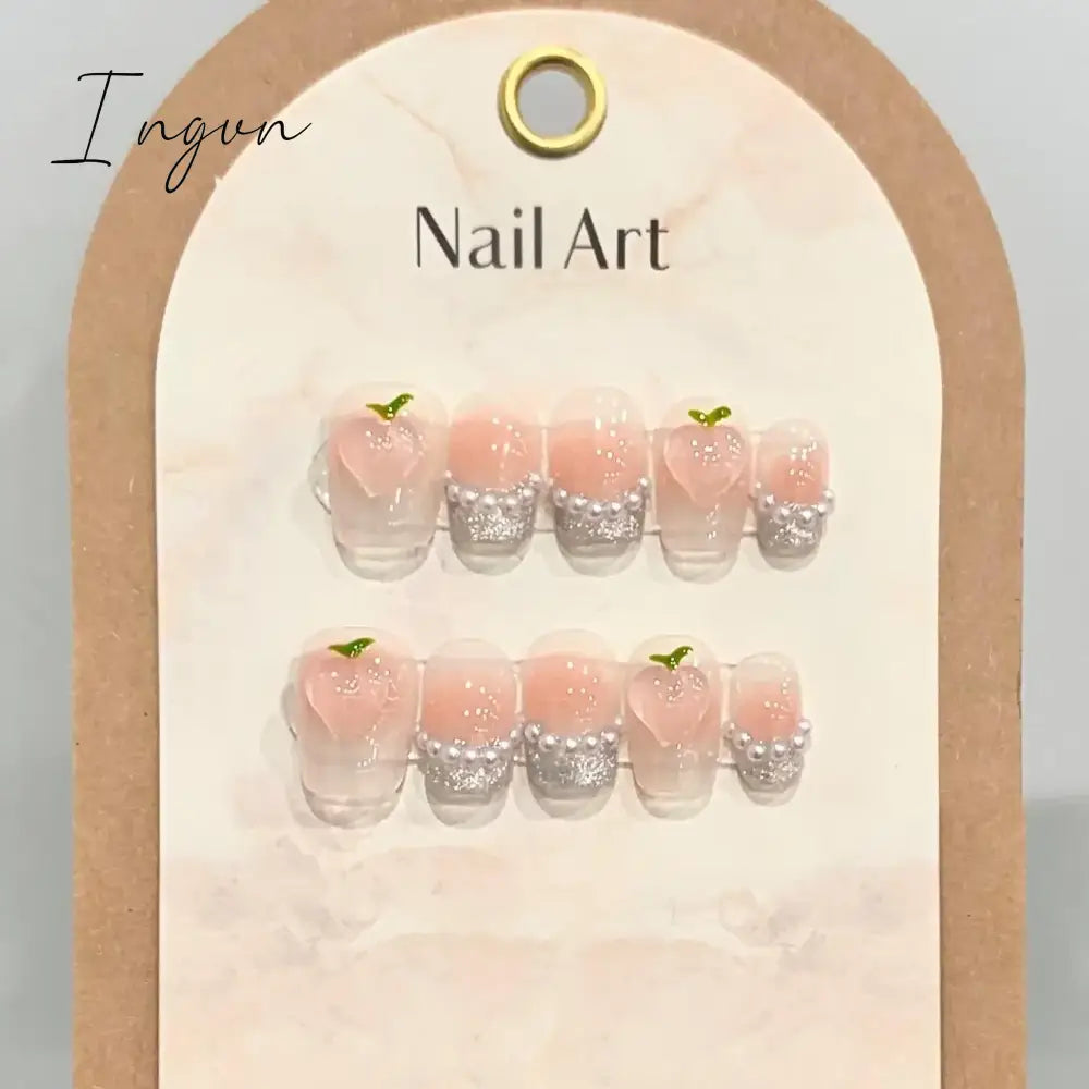10Pcs Pink Cute Handmade Press on Nails Full Cover Bear Rhinestone Summer French Short False Nails Wearable Manicure Nail Tips