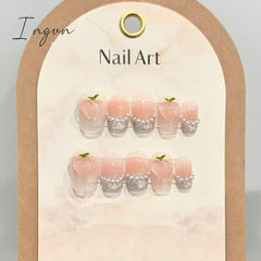 10Pcs Pink Cute Handmade Press on Nails Full Cover Bear Rhinestone Summer French Short False Nails Wearable Manicure Nail Tips