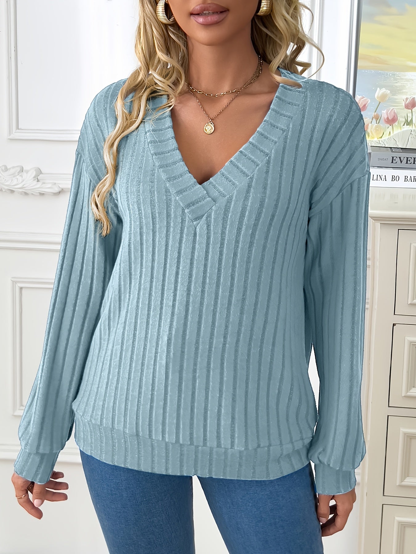1pc Elegant Women'S V-Neck Ribbed Sweater - 100% Polyester Knit Fabric, Solid Color, Long Sleeve, Regular Length for Spring/Fall