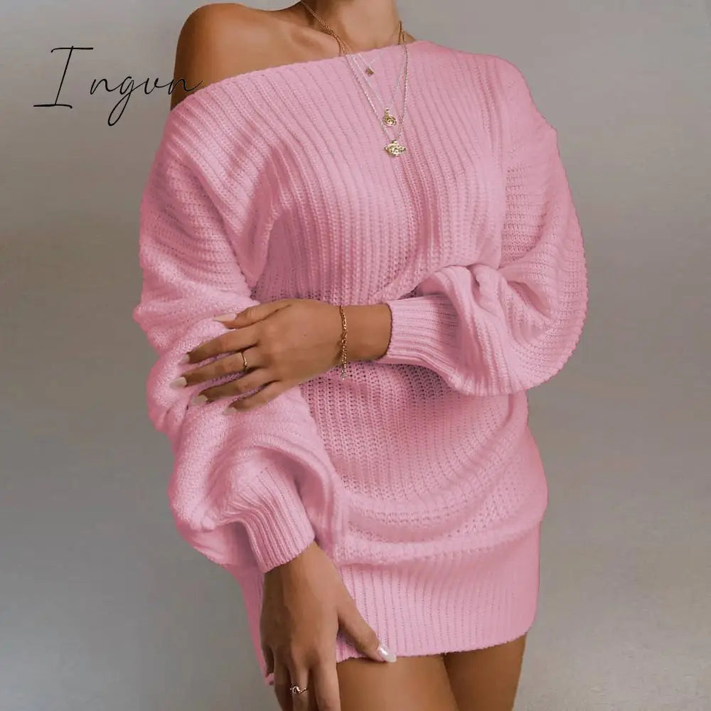 Ingvn - The hottest ladies casual off-shoulder lantern sleeve knitted sweater dress