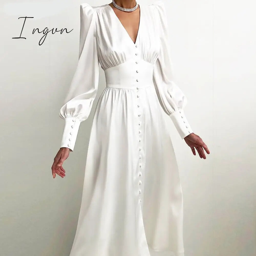 Ingvn - Puff Sleeve Vintage Satin Midi Dress Women V-Neck Party Pleated Dress Black Elegant Bodycon Dress Ladies Chic Ruched