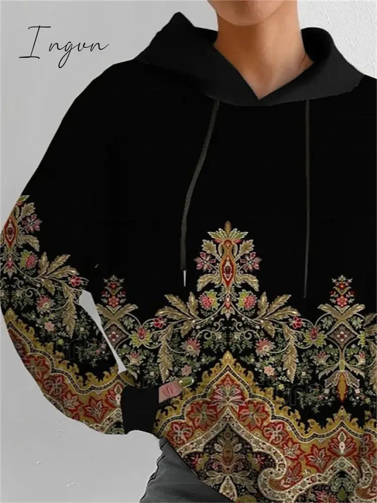 Ingvn - Women's Sweatshirt Pullover Basic Drawstring Black Graphic Casual Round Neck Long Sleeve Top Micro-elastic Fall & Winter